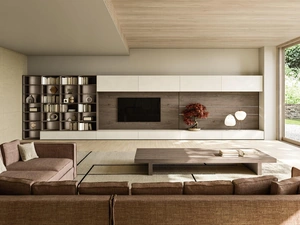 Parete Attrezzata Modula Composizione 02 in ceramica bianco calce e impiallacciato rovere di Snaidero