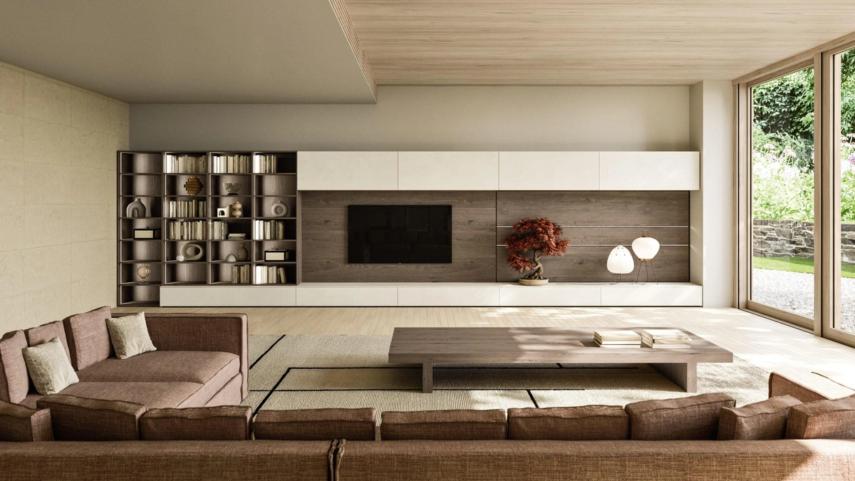 Parete Attrezzata Modula Composizione 02 in ceramica bianco calce e impiallacciato rovere di Snaidero