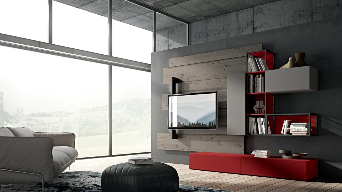 Parete Attrezzata Rebel R 06 in laccato opaco cenere e rosso e quercia di Fimar