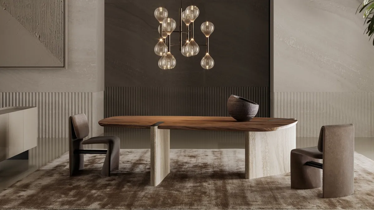 Tavolo Flatiron con top in legno e base in marmo di Bonaldo