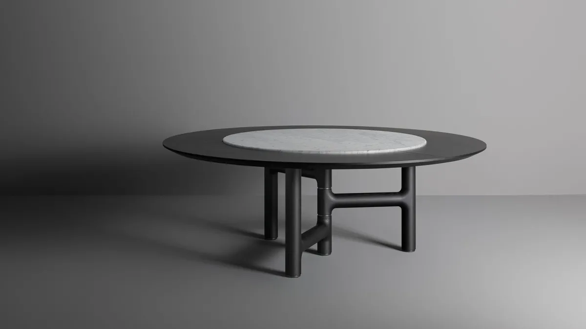 Tavolo rotondo Pivot ST con top in legno e marmo di Bonaldo