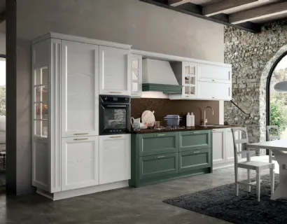 Cucina Classica lineare Beverly v08 in Frassino Bianco e Malachite con top in Pietra naturale Brown Antique di Stosa