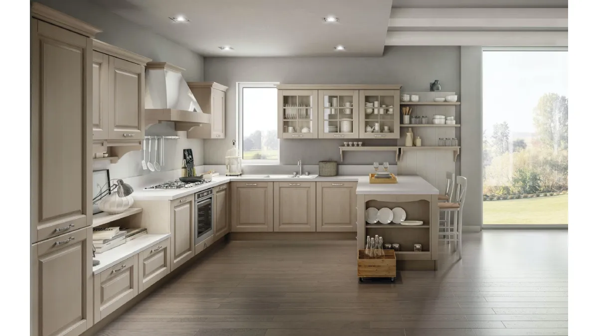 Cucina Classica ad angolo con penisola Bolgheri v02 in Rovere finitura Soya con top in laminato Pietra Vecchia di Stosa