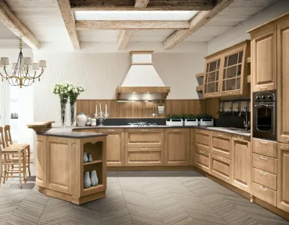 Cucina Classica ad angolo con penisola Bolgheri v08 in Rovere Natura con top in laminato Corten Sabbia di Stosa