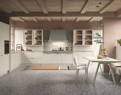 Cucina Classica angolare Tosca v05 in Frassino Beige Angora con top e schienale in HPL Argilla di Stosa