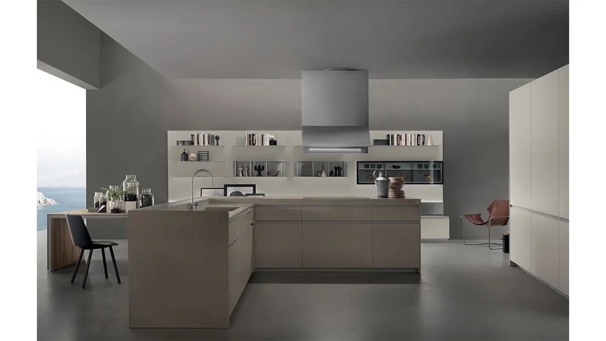 Cucina Design con isola ad angolo Icon 02 in Gres Porcellanato e Rovere Quercus di Ernestomeda