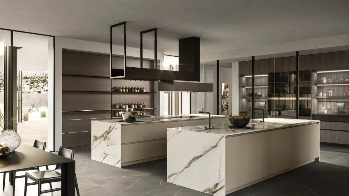 Cucina Design con doppia isola Link 02 in laccato e gres di Snaidero