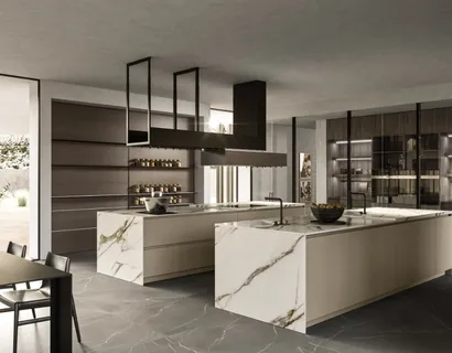 Cucina Design con doppia isola Link 02 in laccato e gres di Snaidero