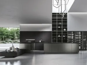Cucina Design con penisola Look in laccato micalizzato Grigio Verde e nobilitato Frassino Noir di Snaidero