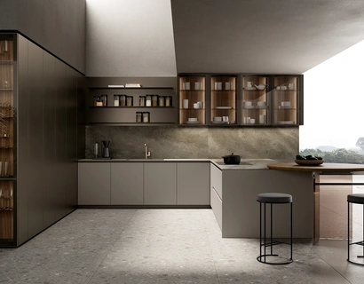 Cucina Design con penisola One 03 in alluminio laccato effetto metallo di Ernestomeda