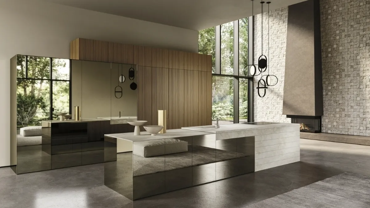 Cucina Design con isola Elementi 03 in vetro, legno e ceramica di Snaidero