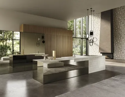Cucina Design con isola Elementi 03 in vetro, legno e ceramica di Snaidero