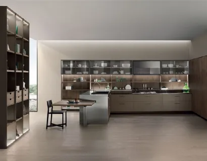 Cucina Design con penisola Soul 02 in Rovere Terra d Ombra Nodato e Laccato opaco di Ernestomeda