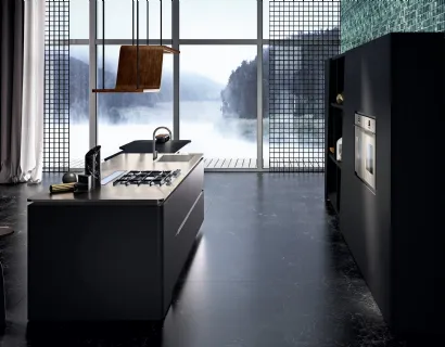 Cucina Design con isola Vision 01 in laccato nero di Snaidero