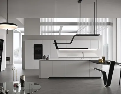 Cucina Design con isola dalla geometria perfetta in laccato opaco bianco Vision 01 di Snaidero