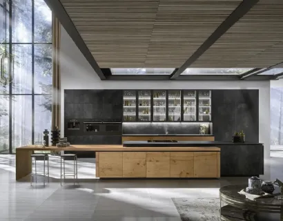 Cucina Design con isola Way Materia in gres Ossido Nero e Rovere di Snaidero