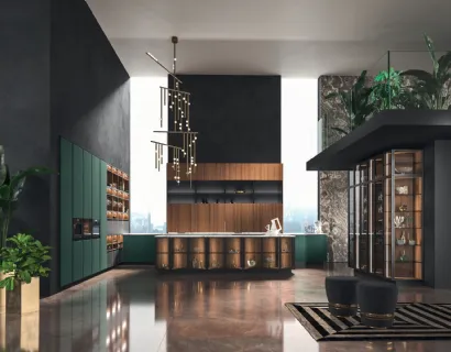Cucina Design con isola Way in laccato Verde Alpi e Noce di Snaidero