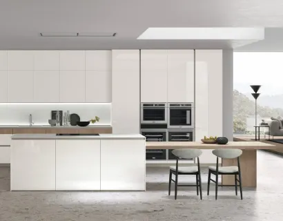 Cucina Moderna Aliant v02 in Vetro lucido Bianco Ice e Rovere Sahara con top in HPL Bianco di Stosa
