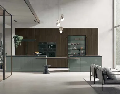 Cucina Moderna con isola Color Trend 09 in Rovere Termocotto Cannettato e laccato lucido Timo e di Stosa