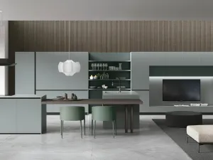 Cucina Moderna con isola Color Trend v02 in laccato opaco Grigio Daytona e Ginepro con piano snack in Rovere Dark di Stosa