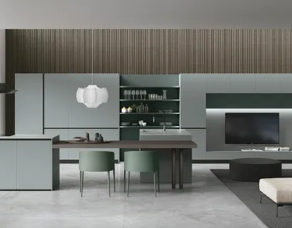 Cucina Moderna con isola Color Trend v02 in laccato opaco Grigio Daytona e Ginepro con piano snack in Rovere Dark di Stosa