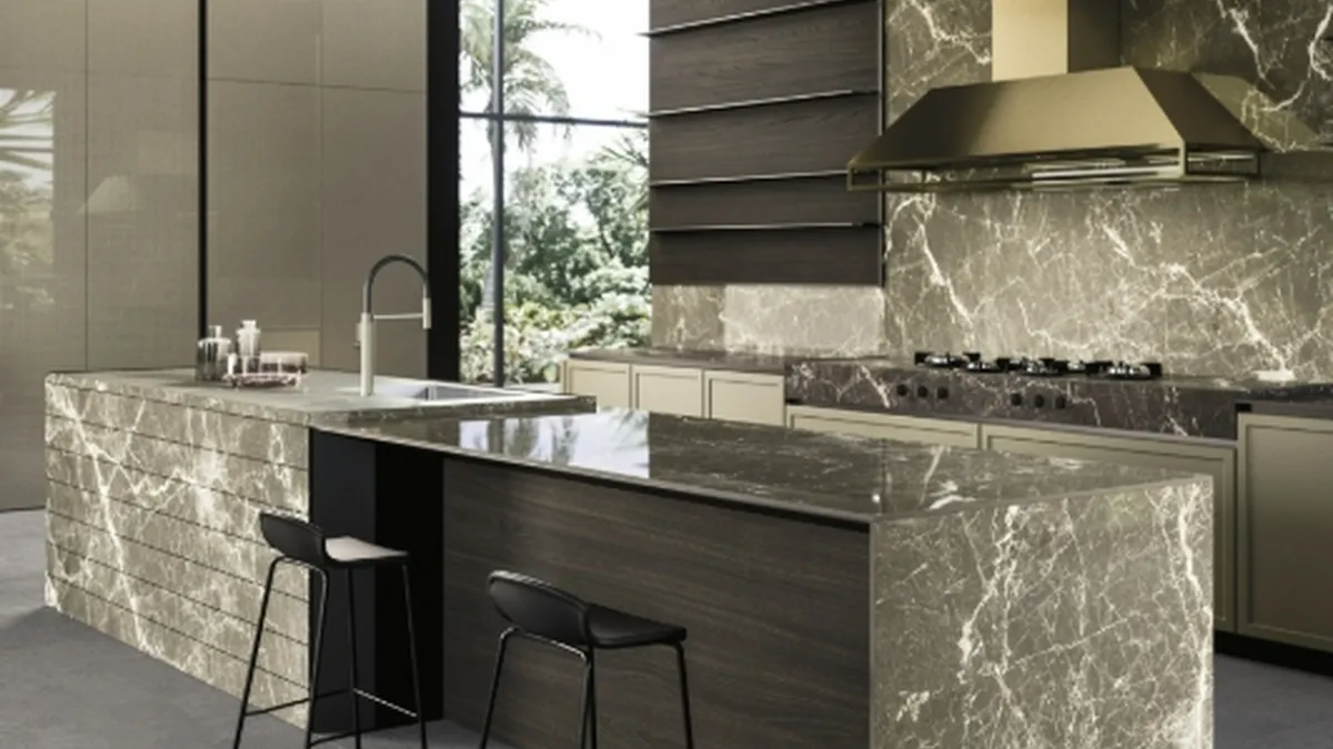 Cucina Moderna con isola Frame 04 in laccato e gres di Snaidero