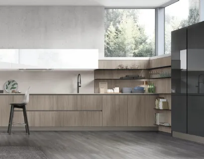 Cucina Moderna con penisola Infinity v06 in Termo Strutturato Rovere Sesamo di Stosa