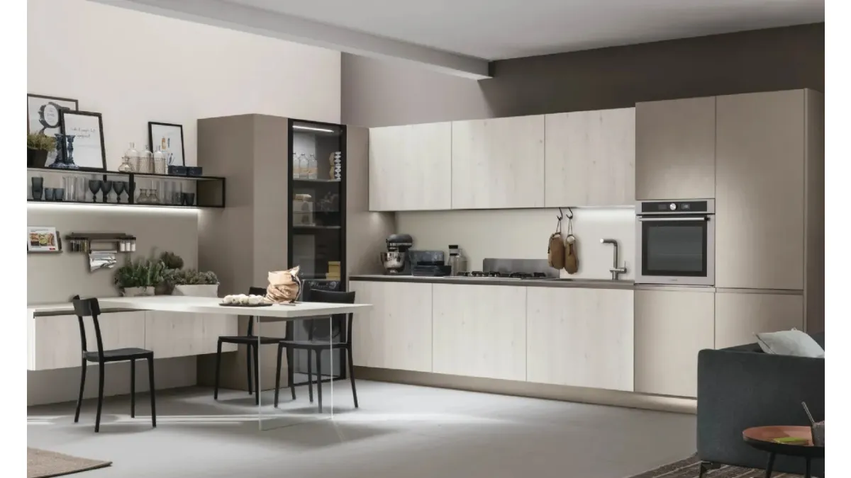 Cucina Moderna con penisola Infinity v12 in Termo Strutturato Larice Bianco e Cemento Visone di Stosa