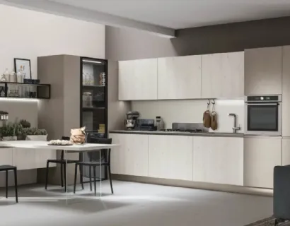 Cucina Moderna con penisola Infinity v12 in Termo Strutturato Larice Bianco e Cemento Visone di Stosa