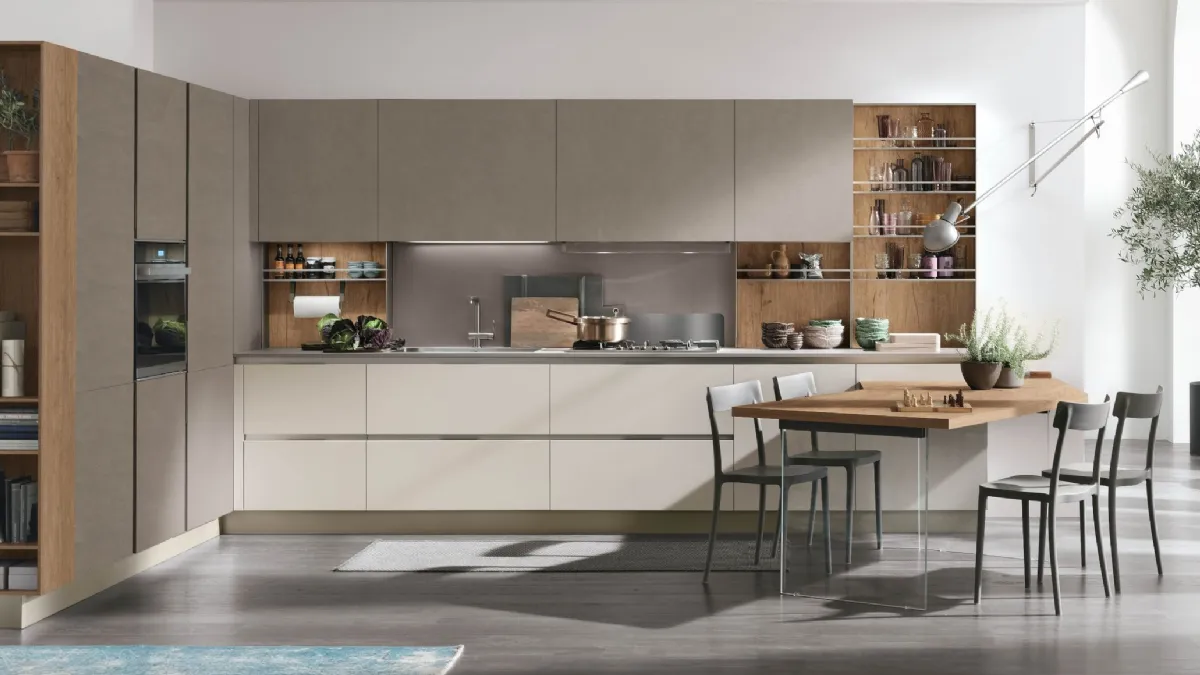 Cucina Moderna angolare con penisola Infinity v13 in Pet Cachemere, Cemento Visone e Rovere nodato di Stosa