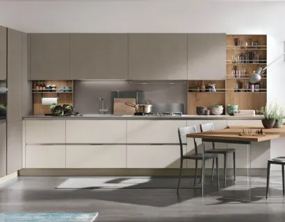 Cucina Moderna angolare con penisola Infinity v13 in Pet Cachemere, Cemento Visone e Rovere nodato di Stosa