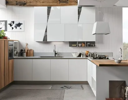 Cucina Moderna con penisola Infinity v14 in Pet Bianco e Rovere nodatodi Stosa