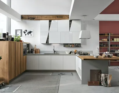 Cucina Moderne Infinity v5 in Rovere Nodato e Pet Bianco Assoluto Lucido ed Opaco di Stosa