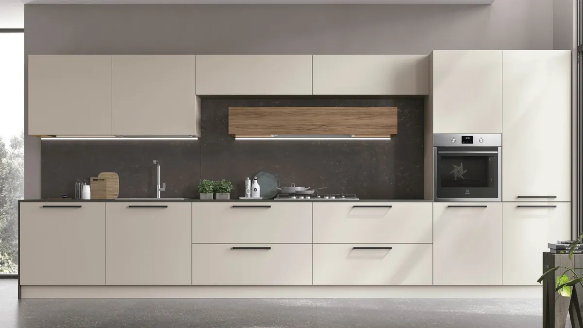 Cucina Moderna lineare Infinity v08 in Pet Cachemere e Cemento Dark di Stosa