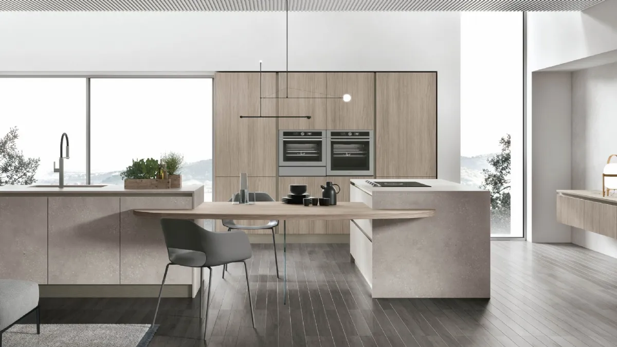 Cucina Moderna con isola Infinity v09 in Graniglia Fiume e Rovere Sesamo di Stosa