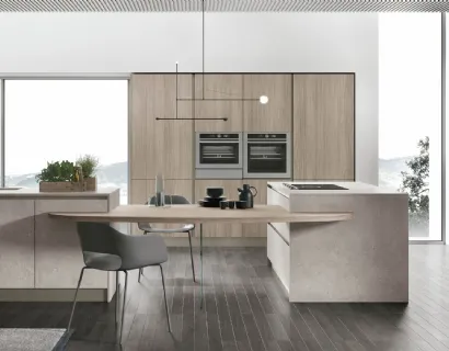 Cucina Moderna con isola Infinity v09 in Graniglia Fiume e Rovere Sesamo di Stosa