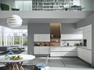 Cucina Moderna angolare Joy 01 in laccato bianco opaco e materico rovere di Snaidero