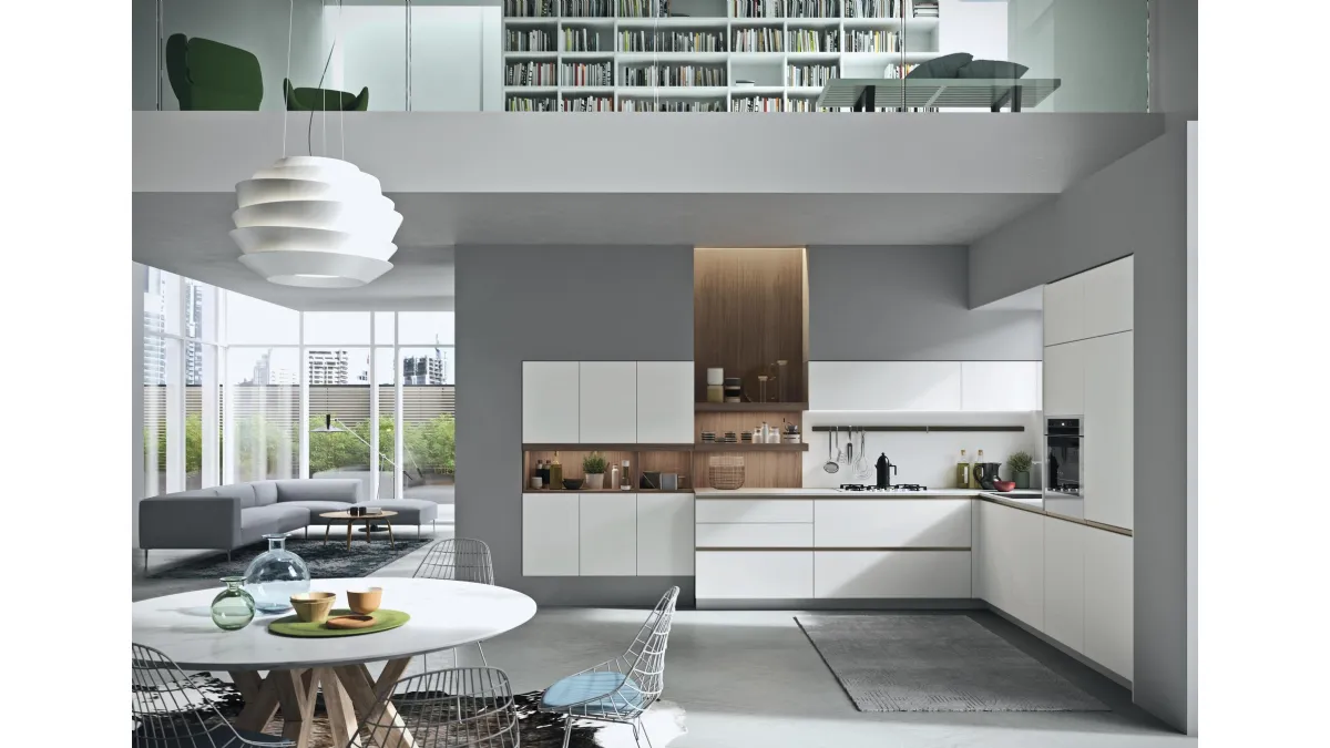 Cucina Moderna angolare Joy 01 in laccato bianco opaco e materico rovere di Snaidero