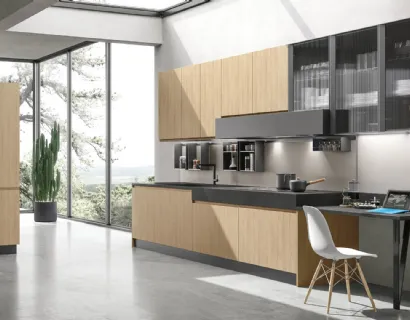 Cucina Moderna ad angolo Karma v05 in Termo Strutturato Rovere Essenza con top in HPL Ossido di Stosa