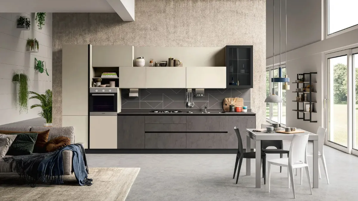 Cucina Moderna lineare Kaya v05 in nobilitato Conchiglia opaco e ossido materico Slate Grey di Stosa