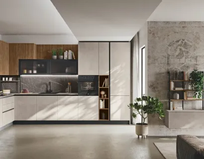Cucina Moderna angolare Kaya v06 in materico cemento Sand e Termo Strutturato Noce Svezia di Stosa