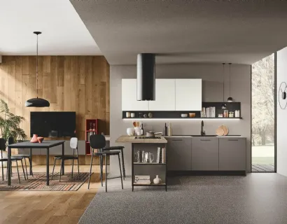 Cucina Moderna con penisola Kaya v02 in nobilitato opaco Smoke Grey e Bianco Soft e legno materico Argentina di Stosa