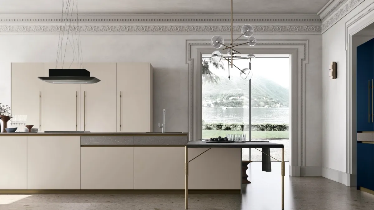 Cucina Moderna con isola Metropolis v04 in Pet Beige Seta e top in Piasentina Scura di Stosa