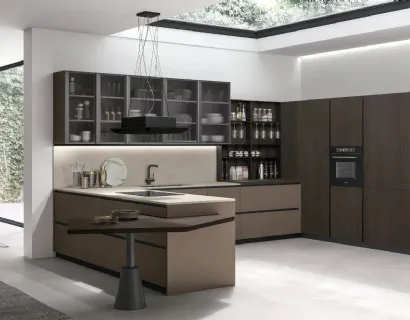 Cucina Moderna con penisola Metropolis v09 in Pet Caffè opaco e Rovere Conero di Stosa