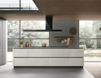 Cucina Moderna con isola Metropolis v10 in materico Cemento Bianco e Pet Grau di Stosa