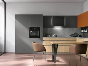 Cucina Moderna angolare con penisola Metropolis v13 in Termo Strutturato Rovere Sole, Pet Canna di Fucile opaco e laccato Lavaredo di Stosa