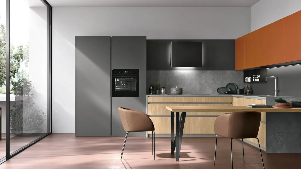 Cucina Moderna angolare con penisola Metropolis v13 in Termo Strutturato Rovere Sole, Pet Canna di Fucile opaco e laccato Lavaredo di Stosa