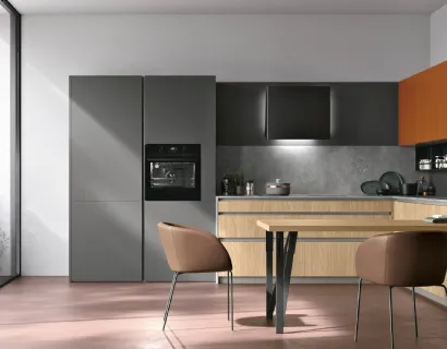 Cucina Moderna angolare con penisola Metropolis v13 in Termo Strutturato Rovere Sole, Pet Canna di Fucile opaco e laccato Lavaredo di Stosa