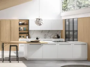 Cucina Moderna Metropolis v05 in Pet Bianco e Rovere Sole con top in HPL Calacatta di Stosa