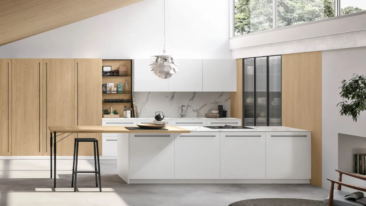 Cucina Moderna Metropolis v05 in Pet Bianco e Rovere Sole con top in HPL Calacatta di Stosa